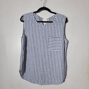 J Crew Blue and White Linen cotton Blend Tank with Scoop Hem and pocket Size 14